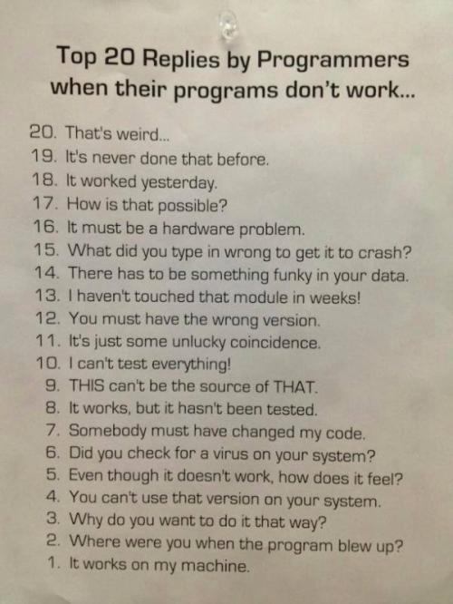 Top 20 replies by programmers when code not working
programmers-reply.jpg

File Size (KB): 55.12 KB
Last Modified: November 28 2020 17:15:15
