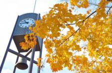Autumn, tree leafs and big clock