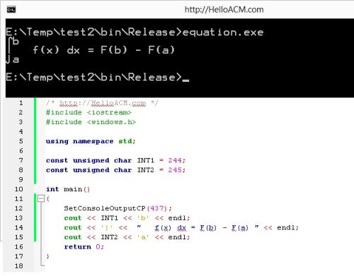 C/C++ SetConsoleOutputCP(437) #include windows.h print a integral equation
codepage437.jpg

File Size (KB): 52.61 KB
Last Modified: November 28 2020 17:15:25
