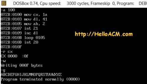 MSDOS 16-bit assembly debug.exe print uppercase alphabetic letters using loop
ascii.jpg

File Size (KB): 34 KB
Last Modified: November 28 2020 17:16:25
